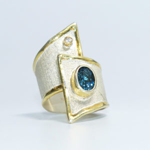 Silver Handmade Ring with Turquoise, 22K & Diamond